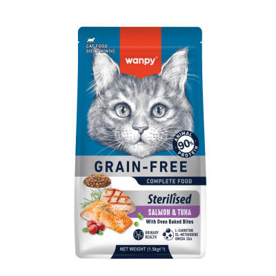 Wanpy Grain Free Sterilized - Пълноценна храна за кастрирани котки - гранули със сьомга и риба тон, 1.5 кг