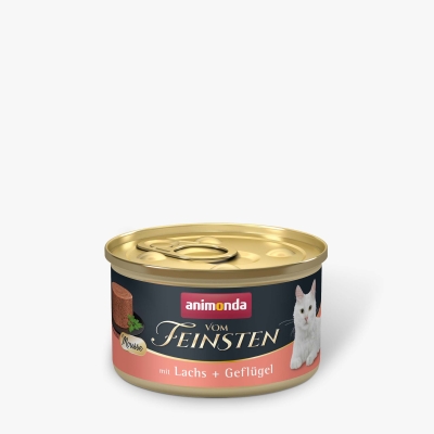 Vom Feinsten Cat – Пълноценна храна за израснали котки - консерва, мус със сьомга и птиче месо, 85 гр.
