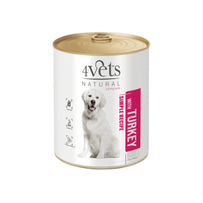 4Vets Dog Natural - Пълноценна храна без зърно за израснали кучета от всички породи - консерва с пуешко месо, 800 гр.