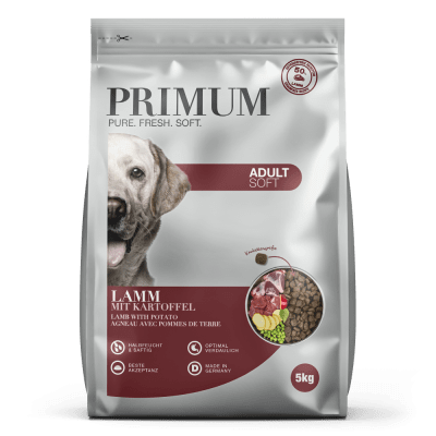 PRIMUM Soft MONOPROTEIN – мека, полувлажна гранулирана храна за израснали кучета, без зърно, с агнешко месо и картофи, 5 кг