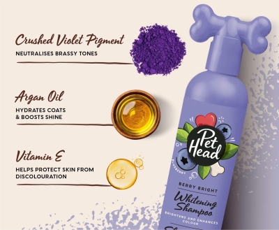 Pet Head Berry Bright Whitening Shampoo – изсветляващ шампоан за кучета с бяла или светла козина, 3в1 действие освежава, почиства, подхранва, 300 мл