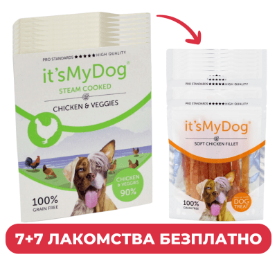 It`s My Dog - Консервирана храна за кучета от всички породи - приготвена на пара с пилешко и зеленчуци, 7х395 г + 7 броя меко пилешко филе