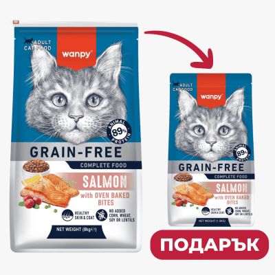 Wanpy Grain Free суха храна за котки със сьомга, 8 кг + 1.5 кг подарък