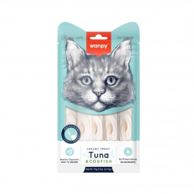 Wanpy Creamy Tuna and cod 5 x 14 г - премиум клас кремообразно лакомство за котки с риба тон и треска, 5 порции