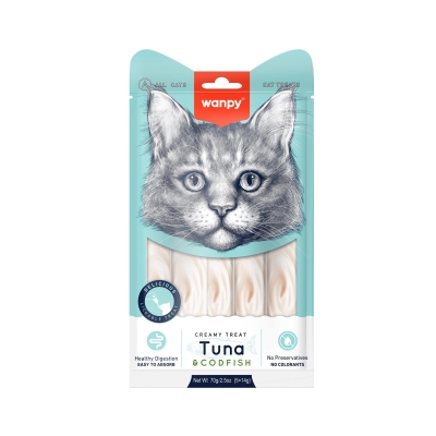 Wanpy Creamy Tuna and cod 5 x 14 г - премиум клас кремообразно лакомство за котки с риба тон и треска, 5 порции