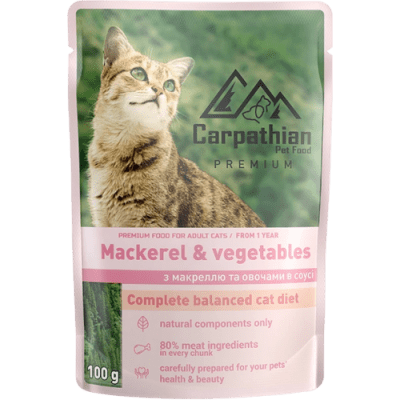 Carpathian Pet Food - пауч за котка , скумрия със зеленчуци в сос 24х100 г