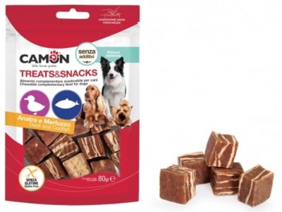 Меки хапки в формата на кубчета с патешко месо и риба. 80гр