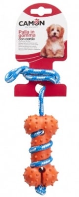 Играчка за куче Гумена кост с въже 35см