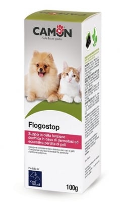 Flogostop е допълваща храна, предназначена за специфични хранителни цели, която действа като опора на кожната функция в случай на дерматози и прекомерна загуба на козина.