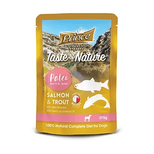 PRINCE TASTE OF NATURE PALEO POUCHES Сьомга и пъстърва с къпини, диви билки и ленено масло