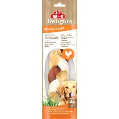 Delights Chewy Braid от 8in1 - Дъвчаща плитка за домашни любимци, от телешка кожа и пилешко месо - M/L 