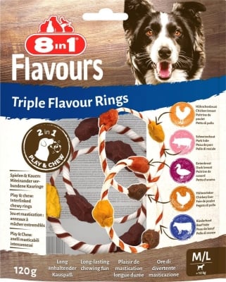 Пръстени за домашни любимци с троен вкус M/L, за игра и дъвчене.