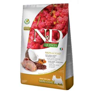 N&D DOG QUINOA SKIN&COAT QUAIL ADULT MIN - Диетична храна за кучета в зряла възраст от мини породи с непоносимост към храни - гранули с пъдпъдък, 800 гр.