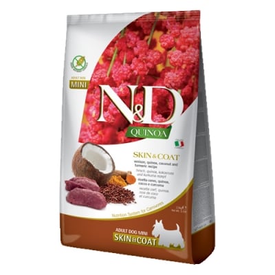 N&D DOG QUINOA SKIN&COAT ADULT MINI VENISON - Пълноценна храна за кучета в зряла възраст от дребни породи - гранули с еленско месо ,киноа, кокос и куркума, 800 гр.