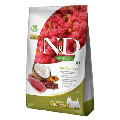 N&D DOG QUINOA SKIN & COAT ADULT MINI DUCK - Пълноценна храна за кучета от дребни породи - гранули с патешко месо, киноа, кокос и куркума, 800 гр.