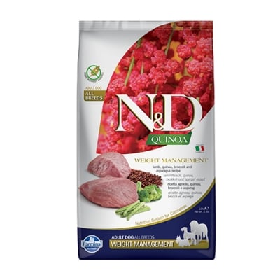 N&D DOG QUINOA WEIGHT LAMB - Пълноценна храна за кучета в зряла възраст от всички породи - гранули с агнешко, киноа, броколи и аспержи, 2.5 кг.