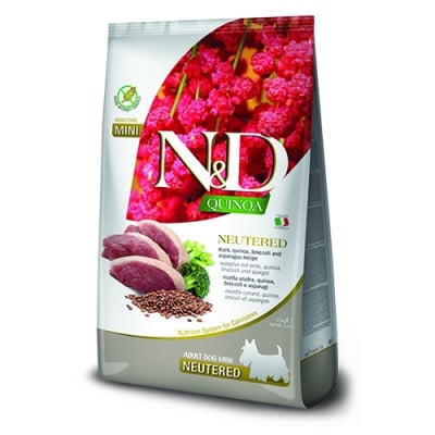 N&D QUINOA DOG DUCK 7 KG NEUTERED Adult MINI - кастр. куче  с патица , броколи  и аспержи