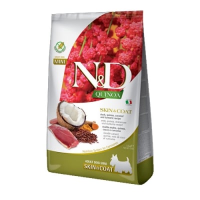 N&D QUINOA DOG Skin&Coat AD MINI DUCK & COCONUT - Диетична храна за кучета в зряла възраст от мини породи с патешко, киноа, кокос и куркума, 7 кг.