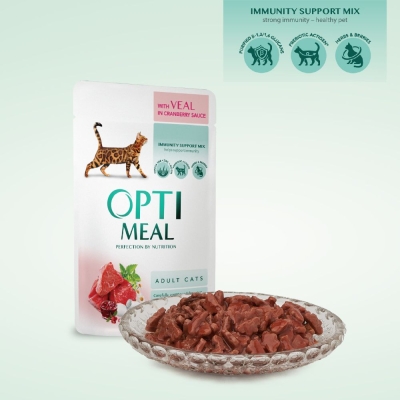 
OPTIMEAL POUCH ADULT CAT WITH VEAL IN CRANBERRY SAUCE 0.85 KG Супер премиум консервирана храна за котки
