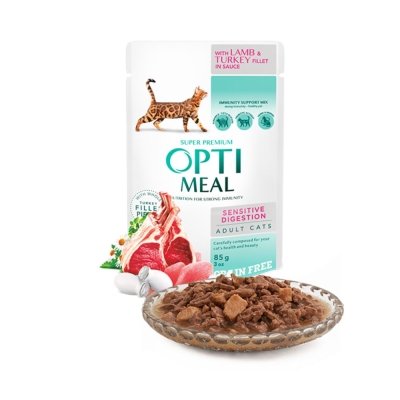 OPTIMEAL POUCH ADULT CAT GRAIN FREE SENSITIVE DIGESTION WITH LAMB AND TURKEY FILLET IN SAUCE 0.85 KG 