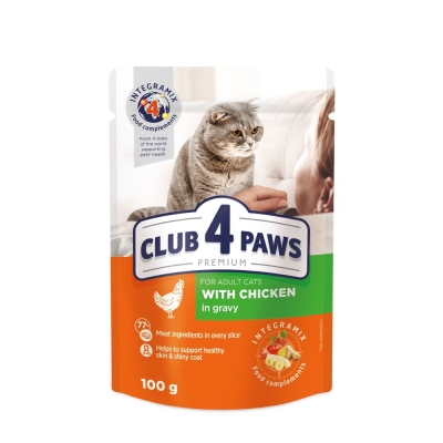 CLUB 4 PAWS POUCH PREMIUM ADULT CAT WITH CHICKEN IN GRAVY 0.100 ГР. – Пълноценна консервирана храна за котки