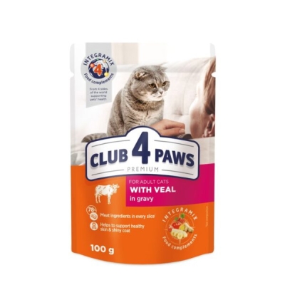 CLUB 4 PAWS POUCH PREMIUM ADULT CAT WITH VEAL IN GRAVY 0.100 ГР. 24. – Пълноценна консервирана храна за котки