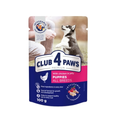 CLUB 4 PAWS POUCH PREMIUM PUPPY DOG WITH CHICKEN IN JELLY 0.100 ГР. – Пълноценна консервирана храна за кученца