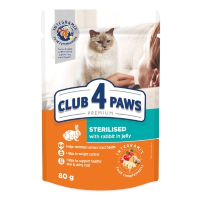 CLUB 4 PAWS POUCH PREMIUM ADULT CAT STERILISED WITH RABBIT IN JELLY 0.80 ГР. 24PCS – Пълноценна консервирана храна за котки