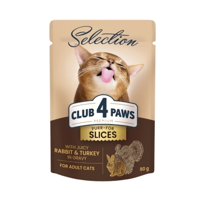 CLUB 4 PAWS POUCH PREMIUM ADULT CAT SLICES WITH RABBIT AND TURKEY IN GRAVY 0.080 GR. – Пълноценна консервирана храна за котки