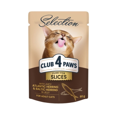 CLUB 4 PAWS POUCH PREMIUM ADULT CAT SLICES WITH ATLANTIC HERRING AND BALTIC HERRING IN JELLY 0.080 ГР. – Пълноценна консервирана храна за котки
