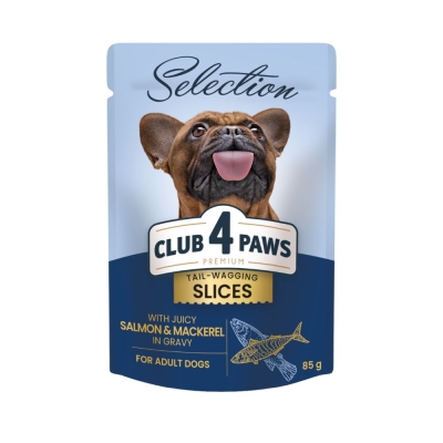CLUB 4 PAWS POUCH PREMIUM ADULT DOG SLICES WITH SALMON AND MACKEREL IN GRAVY 0,085 KG 