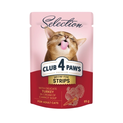 CLUB 4 PAWS POUCH PREMIUM ADULT CAT STRIPS WITH TURKEY IN CREAM OF CARROT SOUP 0.085 KG. – Пълноценна консервирана храна за котки