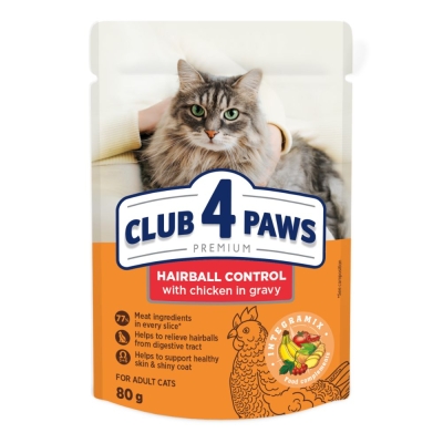 CLUB 4 PAWS POUCH PREMIUM ADULT CAT HAIRBALL CONTROL 0,08 KG – Пълноценна консервирана храна за котки