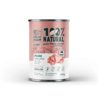 ФРЕШ ФАРМ куче консерва гулаш Свинско, грах и сладки картофи 0.800