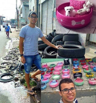 Младо момче превръща стари гуми в красиви и уютни легла за домашни любимци