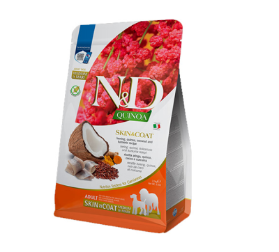 N&D DOG QUINOA SKIN&COAT AD MED & MAXI - Пълноценна диетична храна за кучета в зряла възраст от средни и едри породи, за здрава кожа и козина - гранули с херинга, кокос, киноа и куркума, 7 кг.
