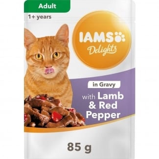 Iams Delights gravy - Пауч за котки над 1 година, с агнешко и червена чушка, 85 гр.