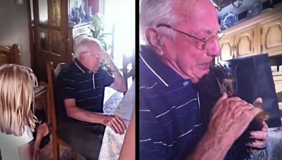 Вижте как реагира възрастен човек, изгубил съпругата си, когато му подаряват малко кученце!