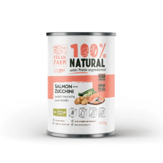 ФРЕШ ФАРМ куче терин Сьомга, тиквички, сладък картоф и билки 0.400