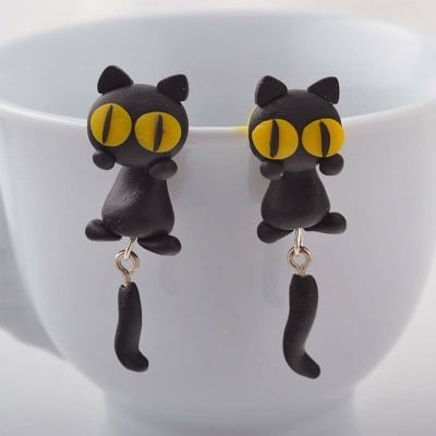 Арт обеци с 3D ефект - Cat with Yellow Eyes - Черно коте