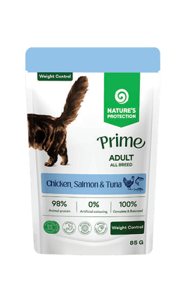 Nature's protection PRIME Weight Control Adult Cats with Chicken, Salmon and Tuna - Пауч за израснали котки за поддържане на теглото - хапки в сос с пилешко, сьомга и риба тон 