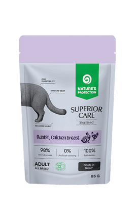 Nature's protection SC Grain Free Sterilised Adult Cat - Пауч за израснали стерилизирани котки - филета в сос със заек и пилешки гърди - за контрол на теглото