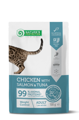 Nature's Protection Weight Control – Пауч за Котки с Пиле, Сьомга и Тон за контрол на теглото, 100 гр.