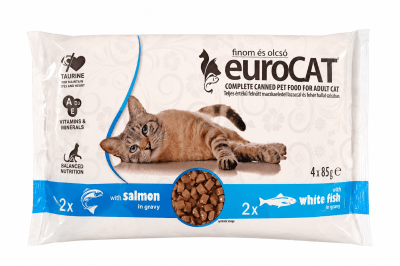 EuroCAT Salmon & White fish in Gravy – Пауч за котки със сьомга и бяла риба - 4 броя в пакет, 340 гр.