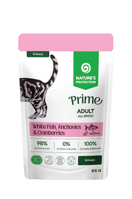 PRIME Urinary Adult Cats – Пауч за възрастни котки с бяла риба, аншоа и червени боровинки 85 г