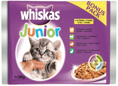 Whiskas Pouch Junior - Пауч за котенца от 1 до 12 месеца, мултиопаковка, 4 х 100 гр.