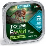Пастет за кастрирани котки Monge BWILD Grain Free Sterilised, без зърнени храни, с риба тон и зеленчуци, 100гр