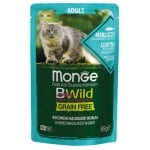 Пауч за котки Monge BWILD Grain Free Adult, без зърнени храни, с риба треска, скариди, зеленчуци, 85гр