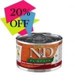 Консервирана храна за подрастващи кученца от дребни породи по време на отбиване до възраст от 2 месеца N&D Pumpkin  Starter Mini, с пиле, тиква и нар, 140гр