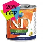 Пълноценна храна за кучета в зряла възраст N&D Pumpkin Lamb&Blueberry АГНЕШКО, ТИКВА & БОРОВИНКИ  - 285гр
